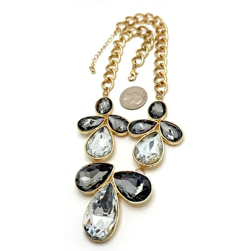 Rhinestone Bib Necklace Clear Smoky Faceted Floral Statement 18-20